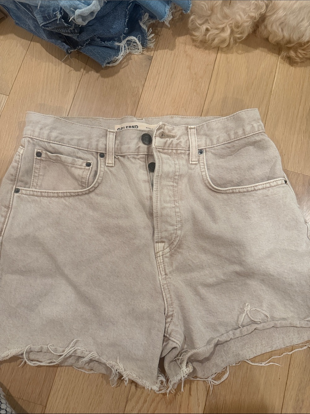 GRLFRND Cream High-Rise Frayed Denim Shorts